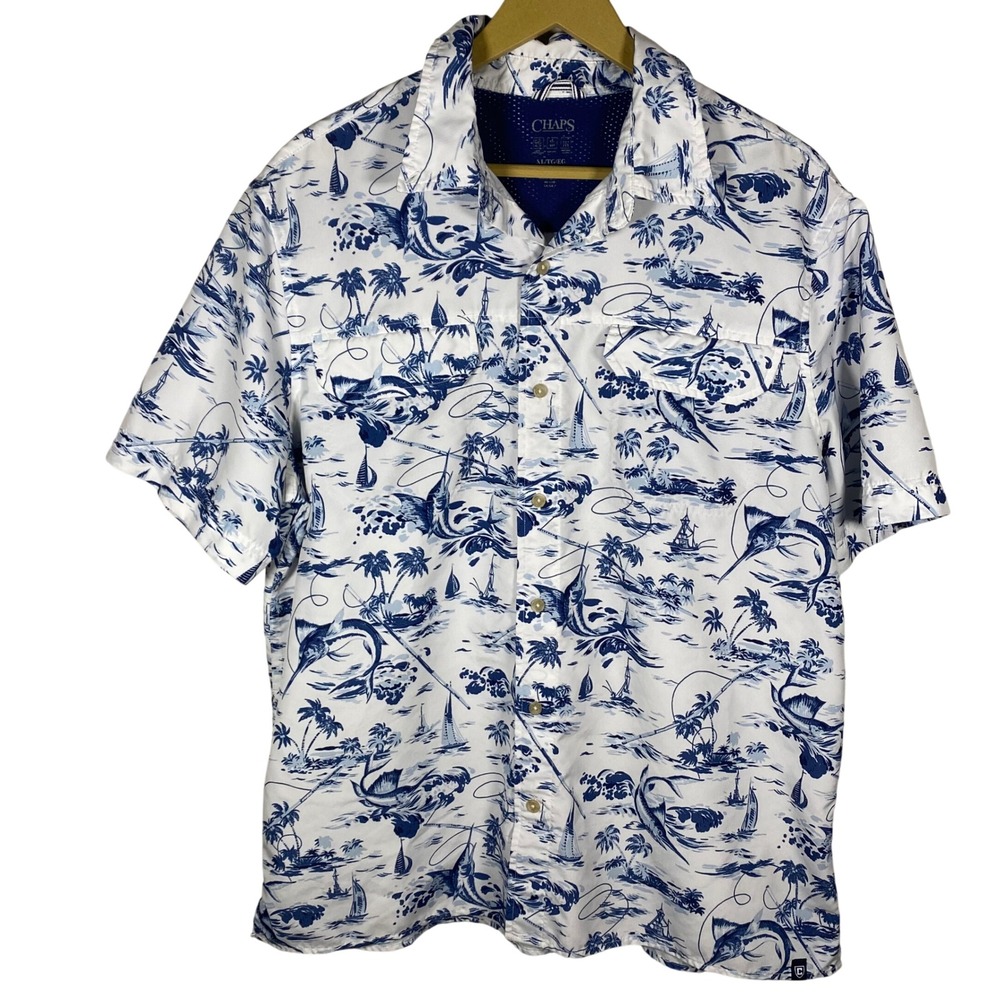 Chaps Mens XL Blue White Marlin Fishing Tropical Performance Short Sleeve Shirt